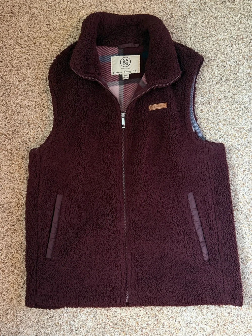 Woman’s Burgundy Plush Fleece Vest with Plaid Lining Small